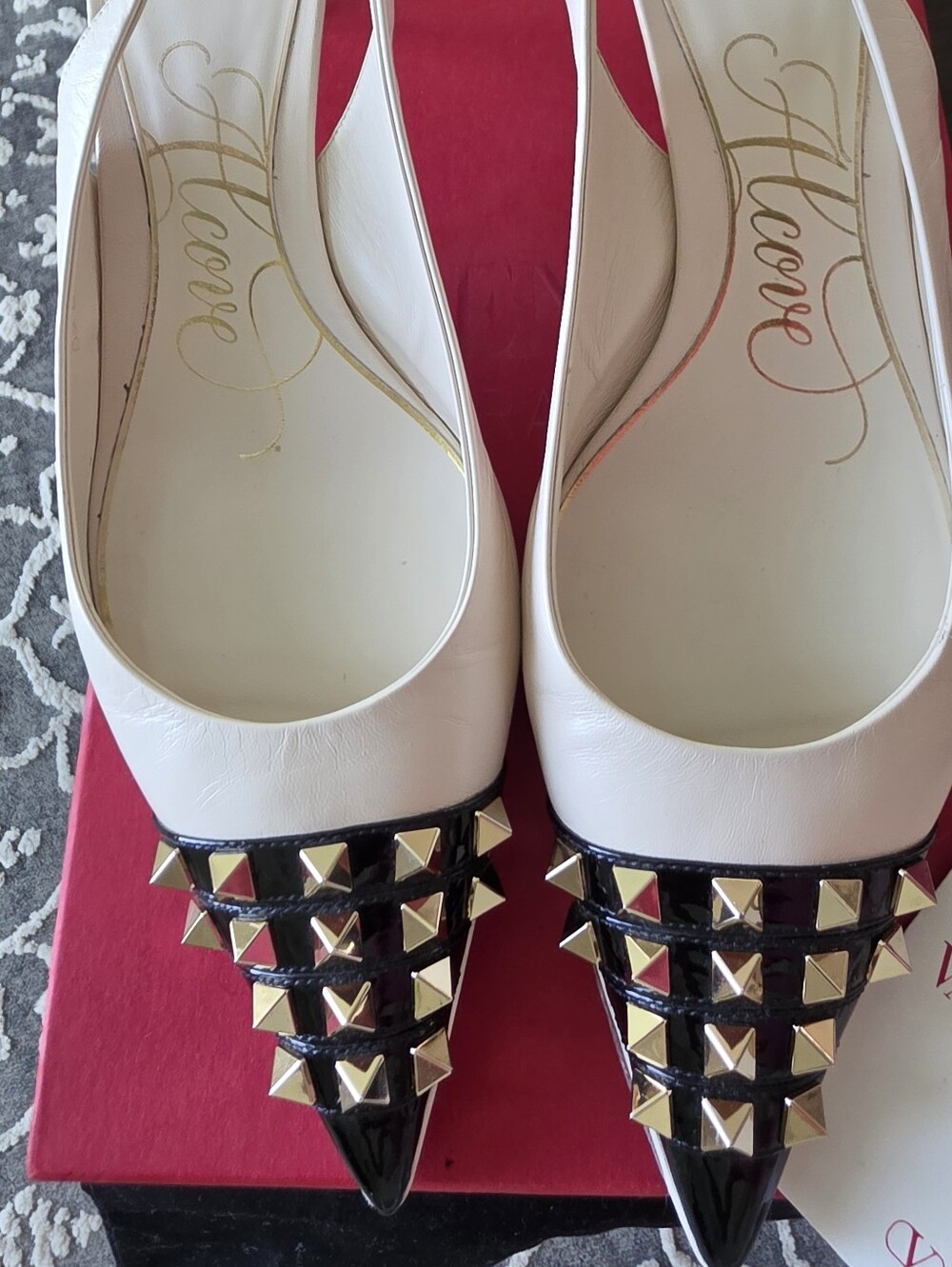 Valentino Garavani Balck And White Pointed Toe Stud Slingback Heels